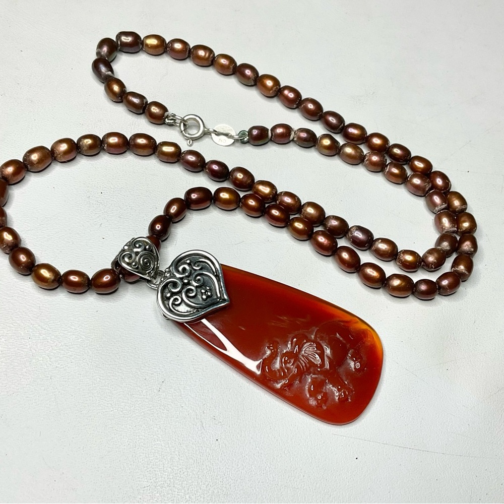 Sajen Sterling Pearl Carnelian Carved Pendant Necklace Combo